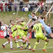 Lewes goalkeeper Sophie Whitehouse punches the ball clear during the Vitality Women's FA Cup quarter final match at The Dripping Pan, Lewes. Picture date: Sunday March 19, 2023.