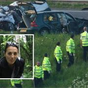 Simone Hilton, inset, was a passenger in the green Volkswagen being driven by her husband