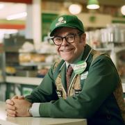 Elton John as a supermarket cashier