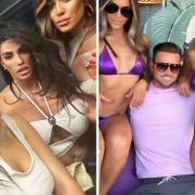 Katie Price, pictured with her friends, left, and Carl Woods, pictured with bikini clad women, right, have broken up
