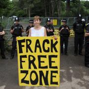 Caroline Lucas at an anti-fracking protest march in Balcombe in 2013