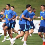 Lewis Dunk trains with fellow defenders ahead of departure for Poland yesterday