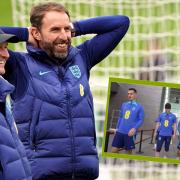 Gareth Southgate enjoys watching England train and, inset, Lewis Dunk heads out to work