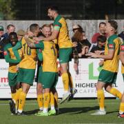 Horsham celebrate a goal during their win over Dorking Wanderers