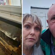 Mark and Elaine Gretton have been left with a £5,000 bill after their electric car's brakes 'failed' and it crashed into their home. Left, the damage to the home