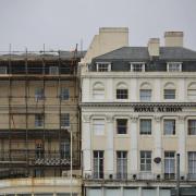 Scaffolding has been put up at the Royal Albion Hotel following last year's fire