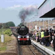 The crowds watch as a steam train arrives at Seaford Station