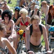Participants of the first Naked Bike Ride in Brighton in 2006.