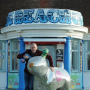Norman Cook with Disco Dog as he supports the Martlets Hospice through the Snowdogs by the Sea arts project. Picture: Vervate
