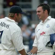 Chris Adams congratulates Mike Yardy on his first century