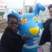 Strictly stars Tameka Empson and Gorka Marquez meeting Palace Pup, the Snowdog on Brighton Palace Pier.