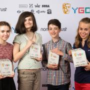 The four YGD winners, from left to right; Emily Mitchell (winner of the Game Making 15-18 years award), Elsie Mae Williams (winner of the Game Concept 10-14 years award), Spruce Campbell (winner of the Game Making 10-14 years award) & Anna Carter (winner