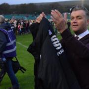 Steve King thanks Hawks fans after an FA Cup win over Lincoln City. Picture by Tony Wood