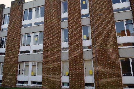 Yellow posters in the windows of University of Sussex buildings show support for the occupation