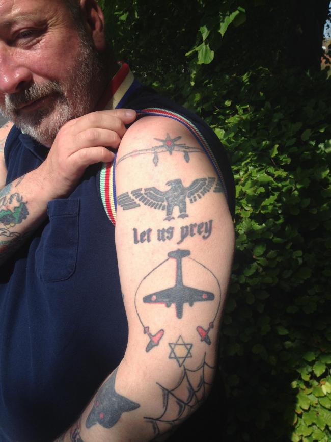 Kevin O’Doherty, of Combermere Road, Hastings, has tattoos depicting a German eagle, a Star of David and war planes.