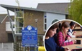 Chailey School has implemented a controversial phone policy. Inset, stock photo of school children with phones and iPads
