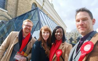 Angela Rayner, centre-left, joined Kemptown MP Lloyd Russell-Moyle, shadow minister Florence Eshalomi and Labour candidate Tristram Burden on the campaign trail yesterday