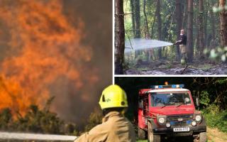 Left: A previous wildfire in Ashdown Forest, right: firefighters at the scene of the fire near Selhurstpark Road