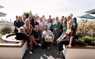 Denise Van Outen and Duncan James with Macmillan staff