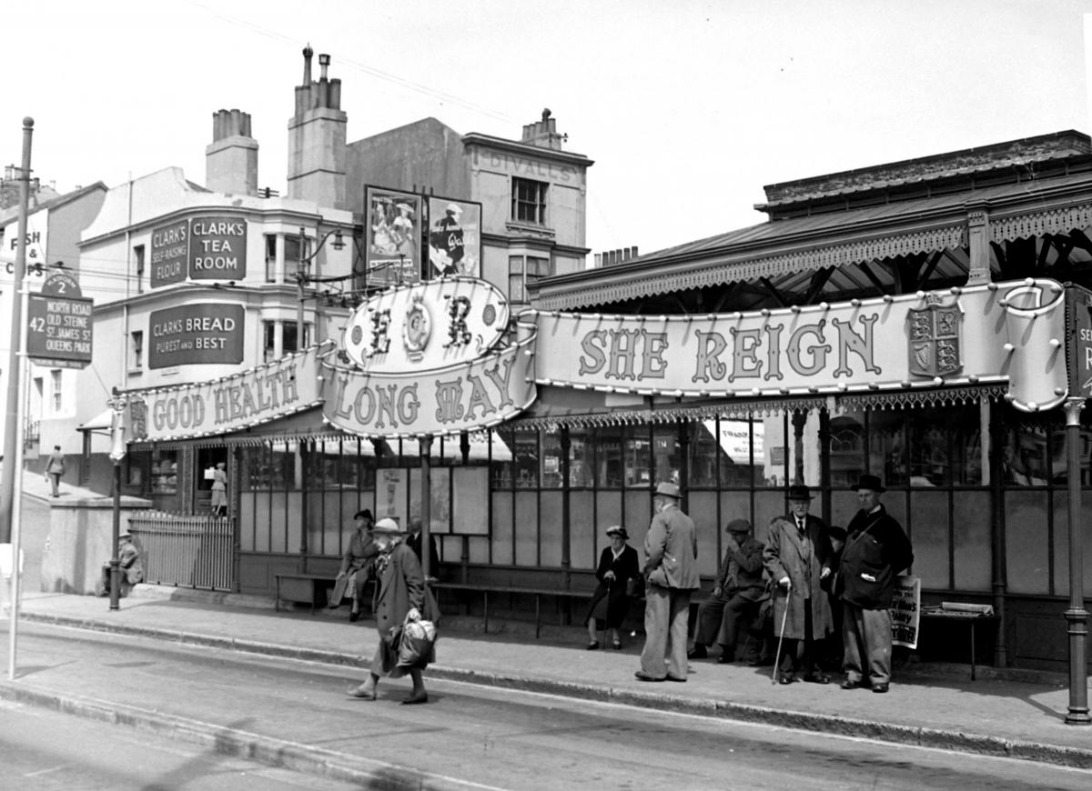Brighton railway station entrance is decorated to celebrate the Queens Coronation in 1953. (LB0771)