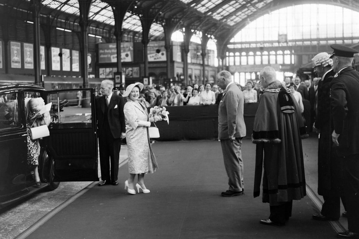 The Queen Mother arriving at Brighton Railway Station circa 1950s possibly 1959. (LB-2382)