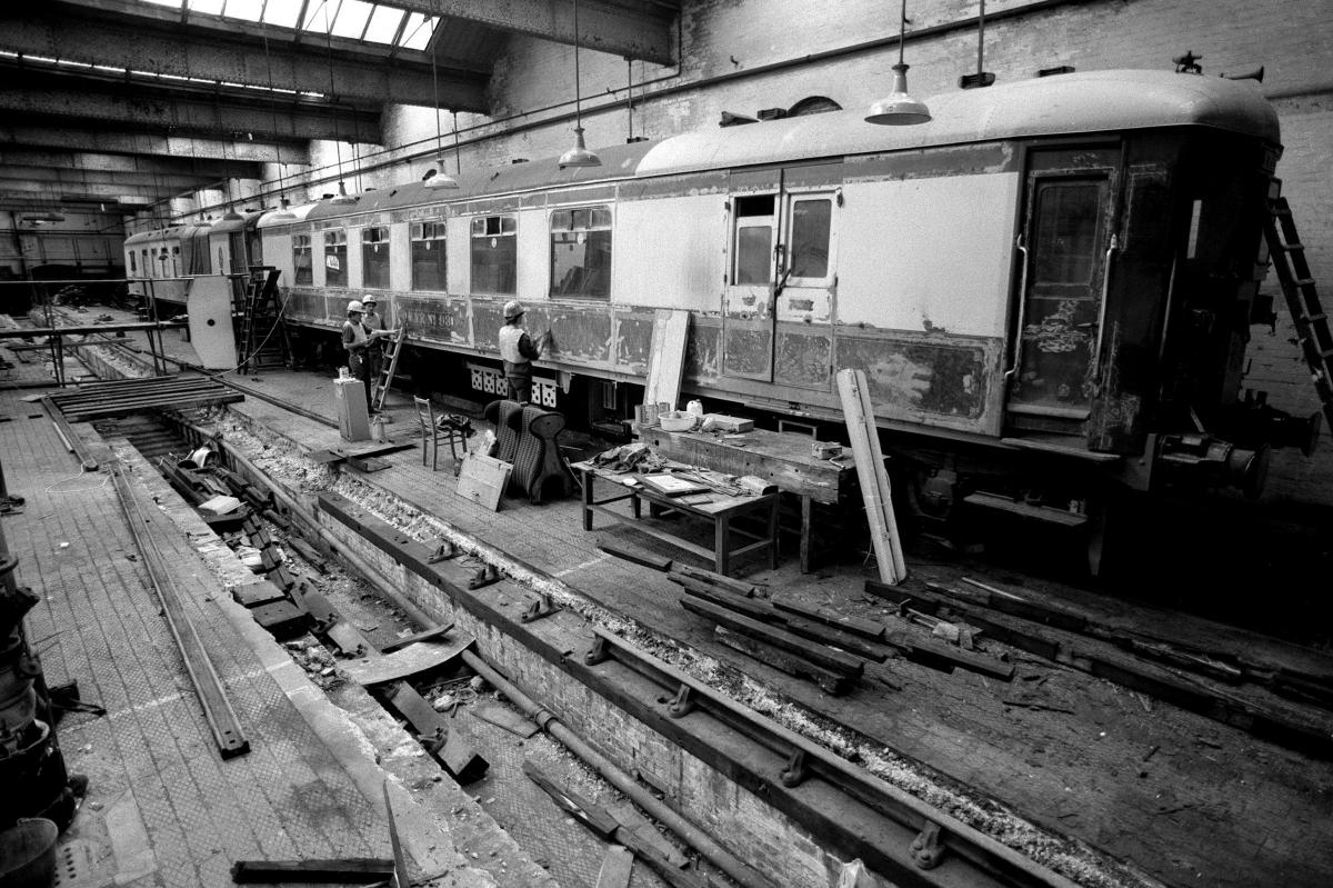 Brighton Belle train carriage restoration at Brighton Station railway sheds. Photograph taken by Jon Bond 6th June 1986. (LB-28)