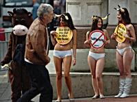The protestors were recruiting for animal welfare group Peta's annual Running of the Nudes