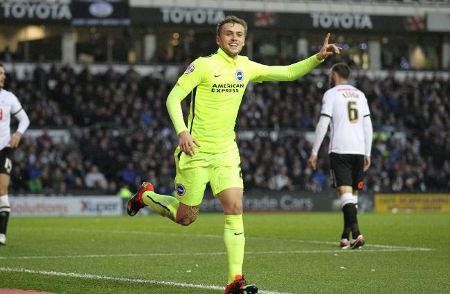 James Wilson celebrates his second goal in as many games for Albion at Derby last Saturday. Photo by Richard Parkes.